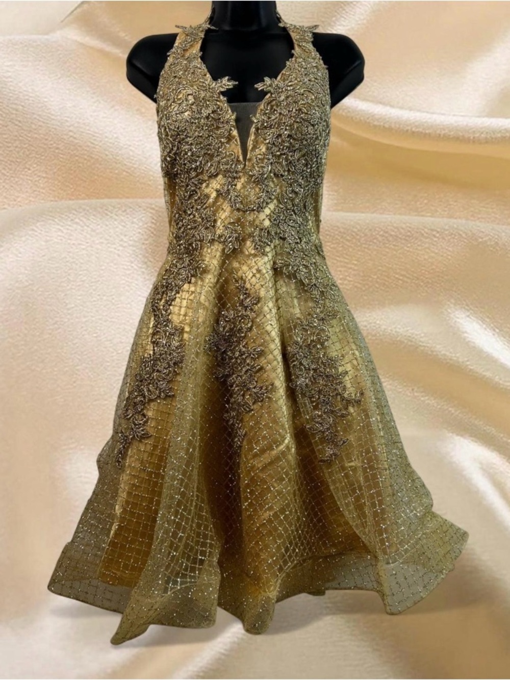 Amelia Couture Gold Lace Appliqué Midi Dress - Elegant